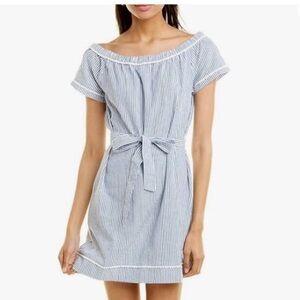 Off the shoulder 100% cotton size large blue and white striped dress